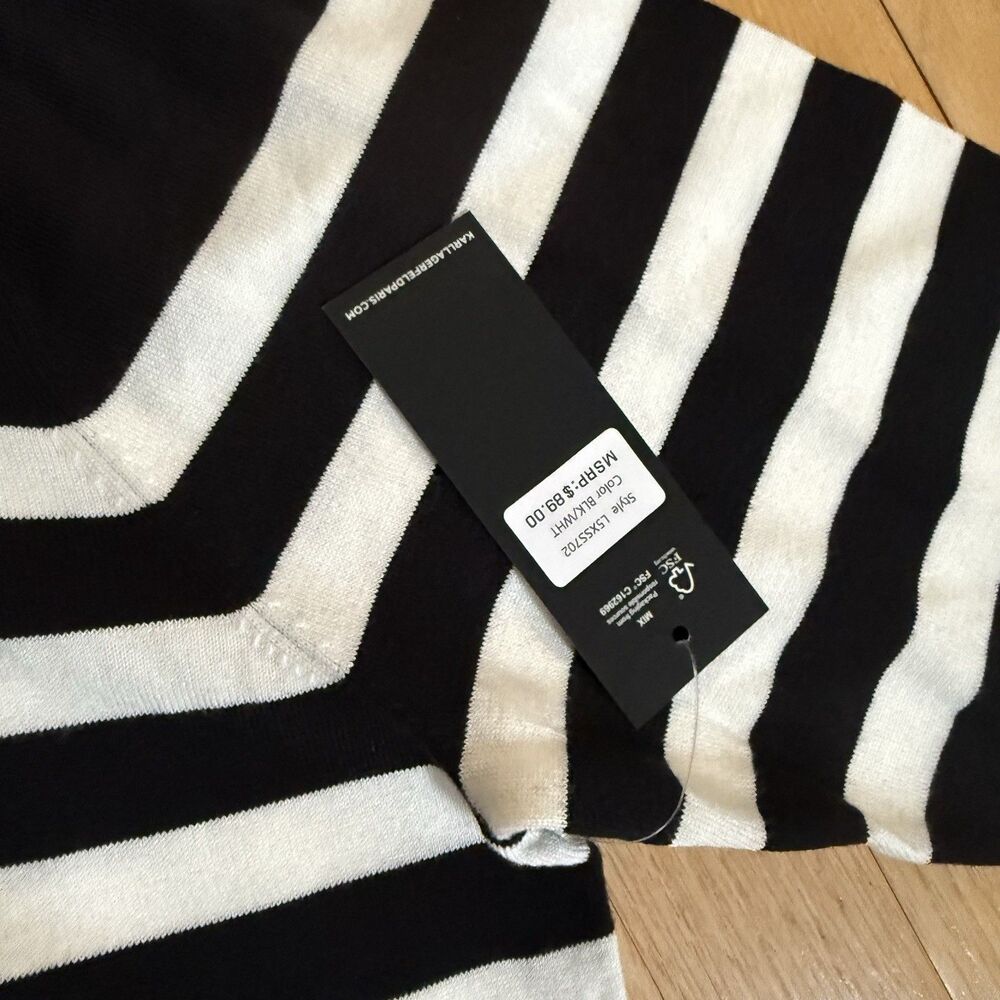 Karl Lagerfeld Paris Women Black White Striped Logo With Pin Sweater Size XL NWT - Picture 4 of 8